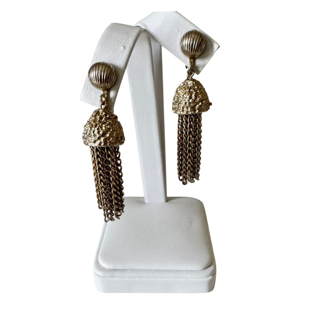 Vintage Gold Tassel Statement Earrings Clip On Retro Glam Luxury Timeless
